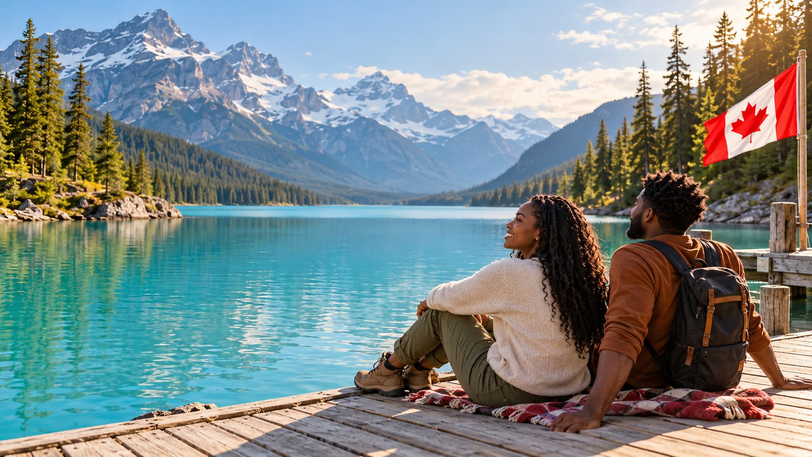 Un lac canadien, une forêt et des montagnes avec un drapeau canadien